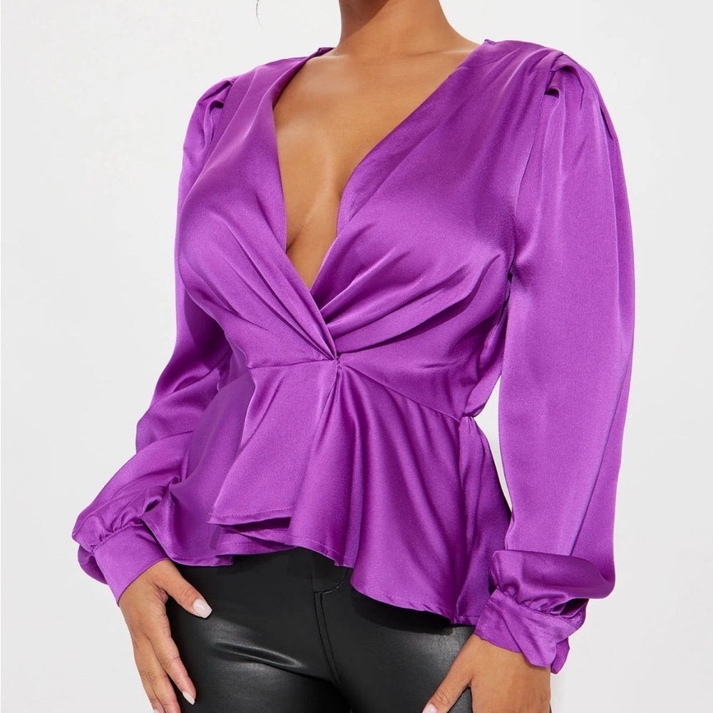 Vibrant Purple Puff Sleeve Blouse with Wrap Peplum Style